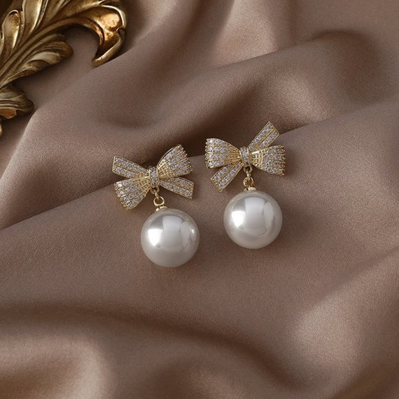 Gold Pearl Bow Earrings - Picture 6 of 6